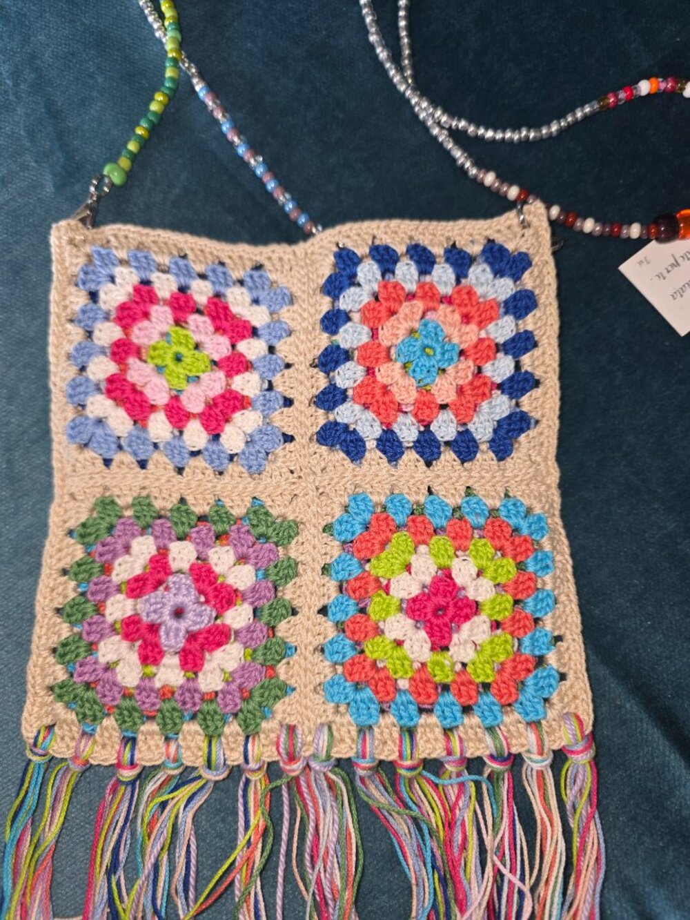 NWT Live Milano Crochet Granny Square Beaded Crossbody Fringe Boho Festival Bag